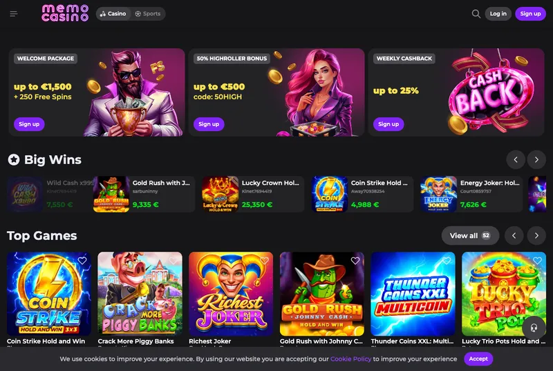 Memo Casino homepage welcome package